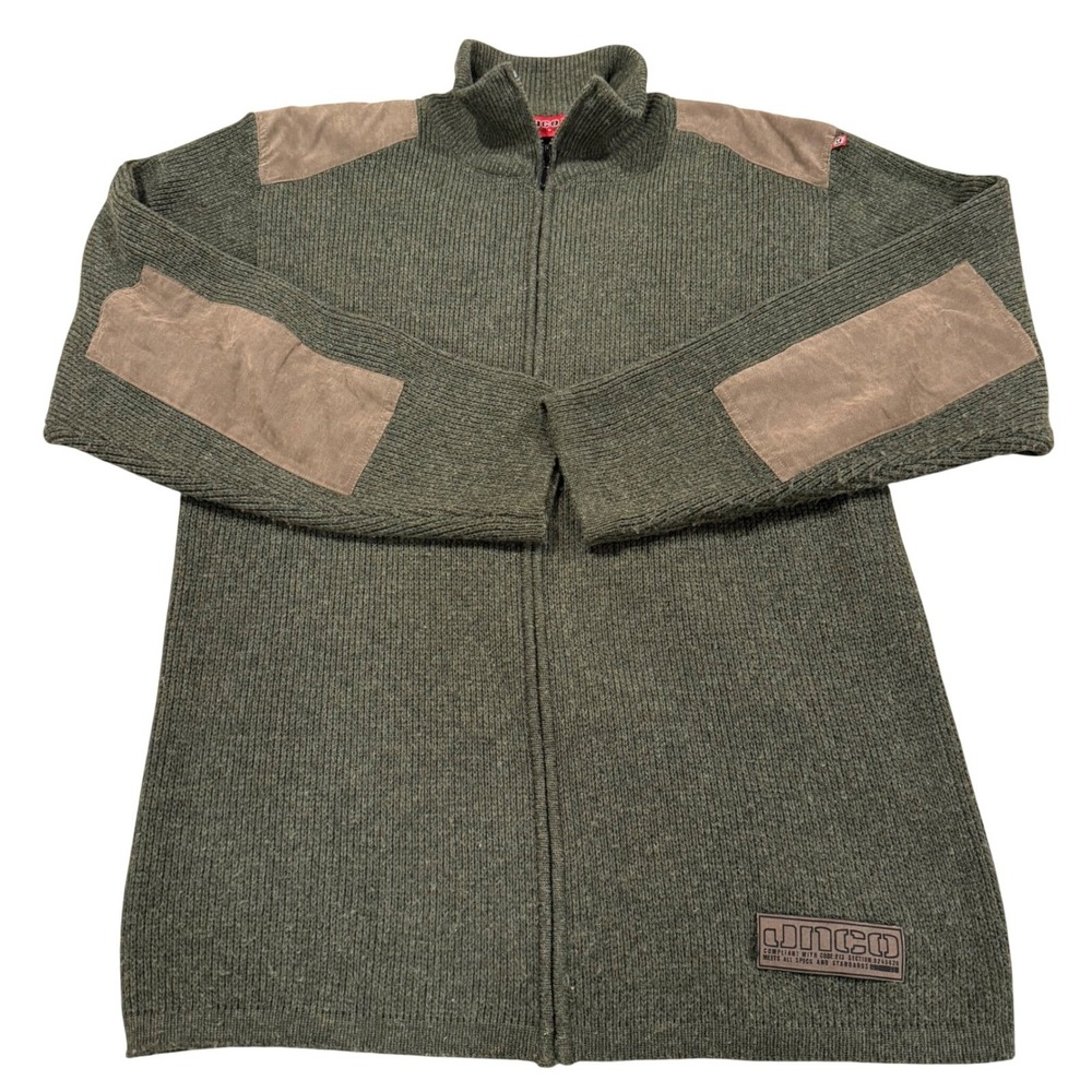 Vintage JNCO‎ Mens Large Full Zip Ribbed Knit Sweater Olive Green Wool Blend 90s